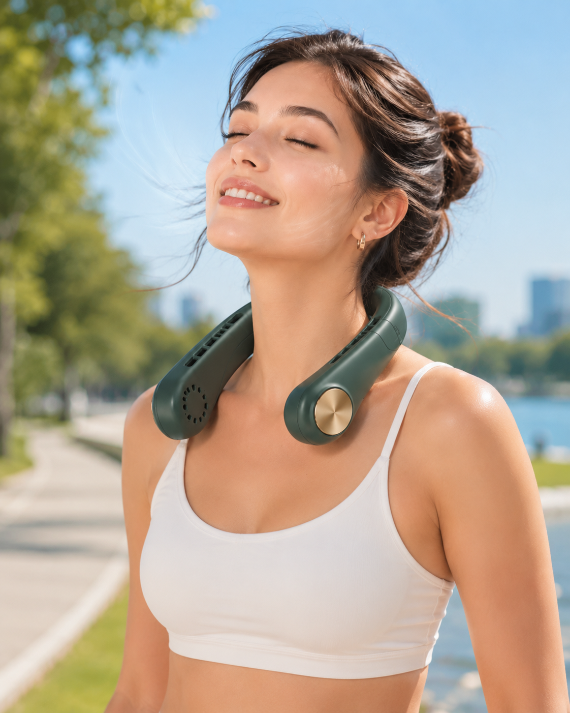 CoolFlow green portable neck fan for outdoor cooling