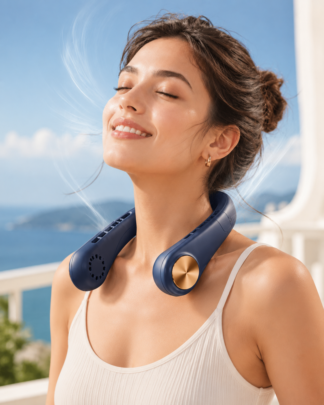 CoolFlow blue neck fan lifestyle image for travel and summer heat