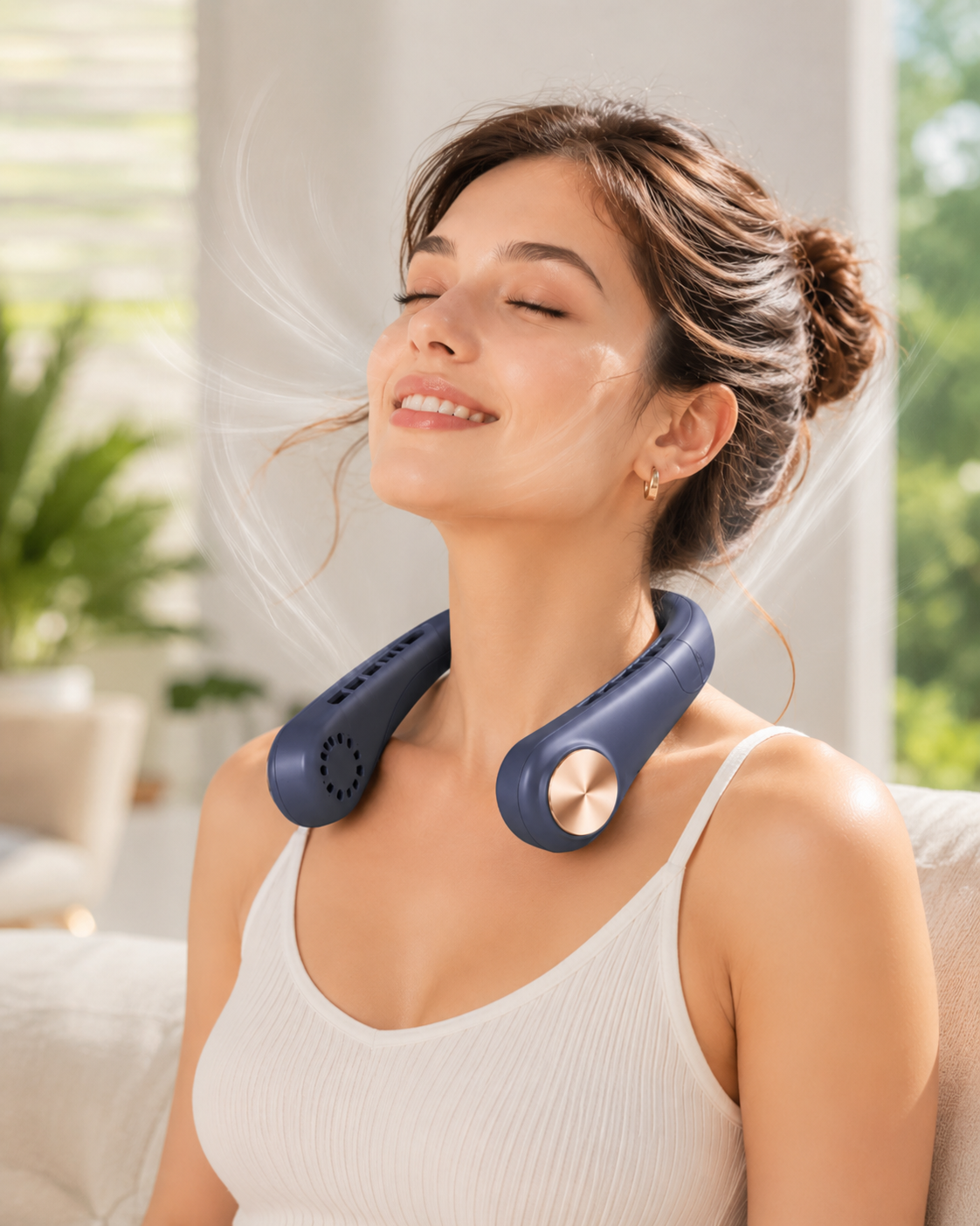 CoolFlow blue portable neck fan worn for daily cooling